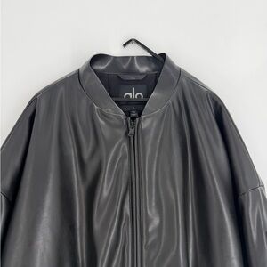 Alo Black Oversized Faux Leather Premier Bomber Jacket